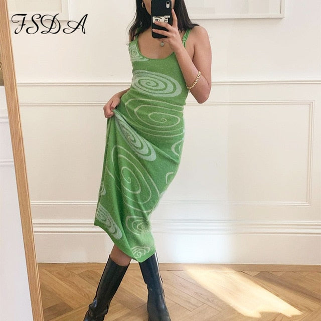 FSDA 2021 Print Knit Bodycon Dress Women Green Y2K Summer Hollow Out Sexy Sleeveless Spaghetti Strap Beach Midi Dresses Party