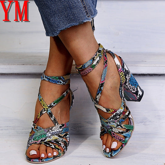 Fashion Ladies Mujer Sandalias Women's Pumps Snakeskin Snake High Heels Cross Sandals Office & Career Shoes Women Sandals 35-43