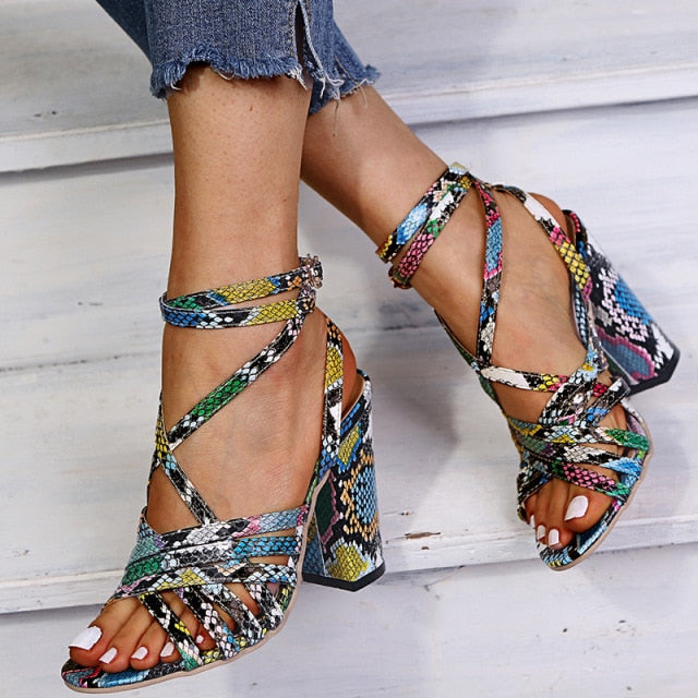 Fashion Ladies Mujer Sandalias Women's Pumps Snakeskin Snake High Heels Cross Sandals Office & Career Shoes Women Sandals 35-43