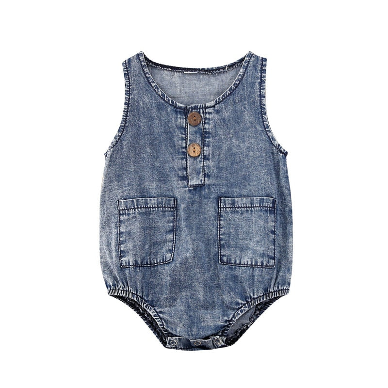 Baby Summer Denim Rompers Toddler Newborn Baby Boys Girls Sleeveless Button Pocket Rompers Jumpsuits Casual Clothes Outfits