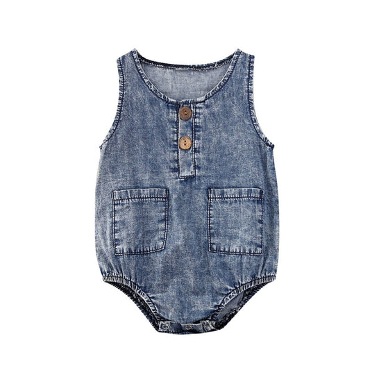 Baby Summer Denim Rompers Toddler Newborn Baby Boys Girls Sleeveless Button Pocket Rompers Jumpsuits Casual Clothes Outfits