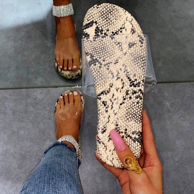 Summer Women Leopard Print Slippers Soft Comfortable Slides Beach Flip-flops Outdoor Sandals Transparent Shoes  Snakeskin Slides