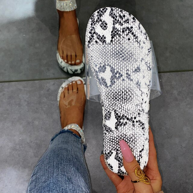 Summer Women Leopard Print Slippers Soft Comfortable Slides Beach Flip-flops Outdoor Sandals Transparent Shoes  Snakeskin Slides