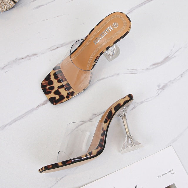 Summer Slippers Ladies Heels PVC Transparent Diamond Clear Femme Slides Peep Toe Cup Heel 9cm Sandals Women Shoes Pumps Size 46