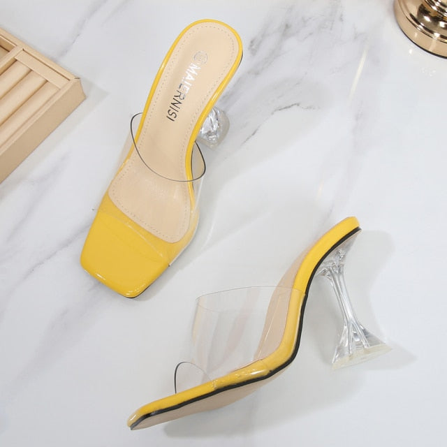 Summer Slippers Ladies Heels PVC Transparent Diamond Clear Femme Slides Peep Toe Cup Heel 9cm Sandals Women Shoes Pumps Size 46