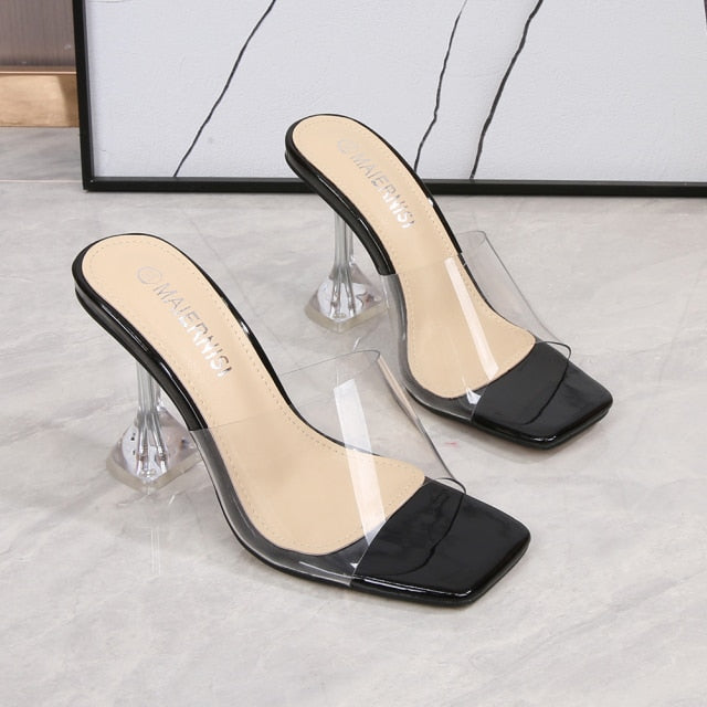 Summer Slippers Ladies Heels PVC Transparent Diamond Clear Femme Slides Peep Toe Cup Heel 9cm Sandals Women Shoes Pumps Size 46
