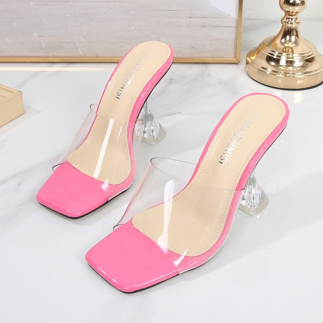 Summer Slippers Ladies Heels PVC Transparent Diamond Clear Femme Slides Peep Toe Cup Heel 9cm Sandals Women Shoes Pumps Size 46