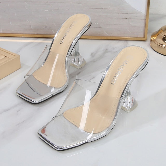Summer Slippers Ladies Heels PVC Transparent Diamond Clear Femme Slides Peep Toe Cup Heel 9cm Sandals Women Shoes Pumps Size 46