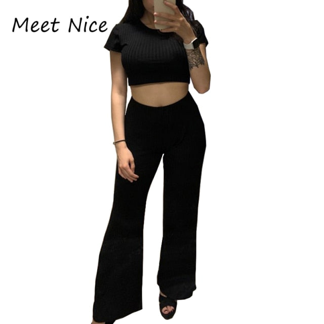 2 Two Piece Set Women Ribbed O Neck Crop Top and Long Pants Set Sexy Autumn Short Sleeve Tracksuit Women Conjunto Feminino 2021