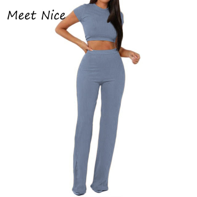 2 Two Piece Set Women Ribbed O Neck Crop Top and Long Pants Set Sexy Autumn Short Sleeve Tracksuit Women Conjunto Feminino 2021