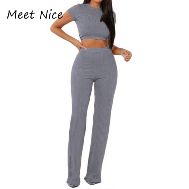 2 Two Piece Set Women Ribbed O Neck Crop Top and Long Pants Set Sexy Autumn Short Sleeve Tracksuit Women Conjunto Feminino 2021