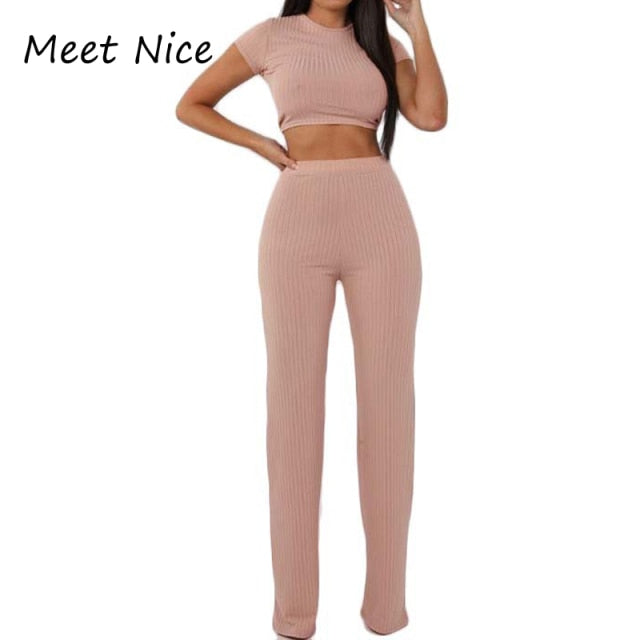 2 Two Piece Set Women Ribbed O Neck Crop Top and Long Pants Set Sexy Autumn Short Sleeve Tracksuit Women Conjunto Feminino 2021