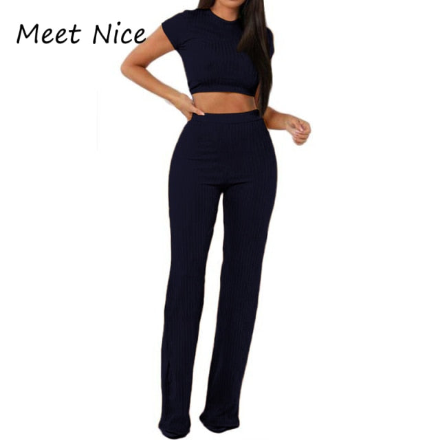 2 Two Piece Set Women Ribbed O Neck Crop Top and Long Pants Set Sexy Autumn Short Sleeve Tracksuit Women Conjunto Feminino 2021