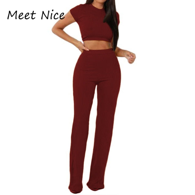 2 Two Piece Set Women Ribbed O Neck Crop Top and Long Pants Set Sexy Autumn Short Sleeve Tracksuit Women Conjunto Feminino 2021