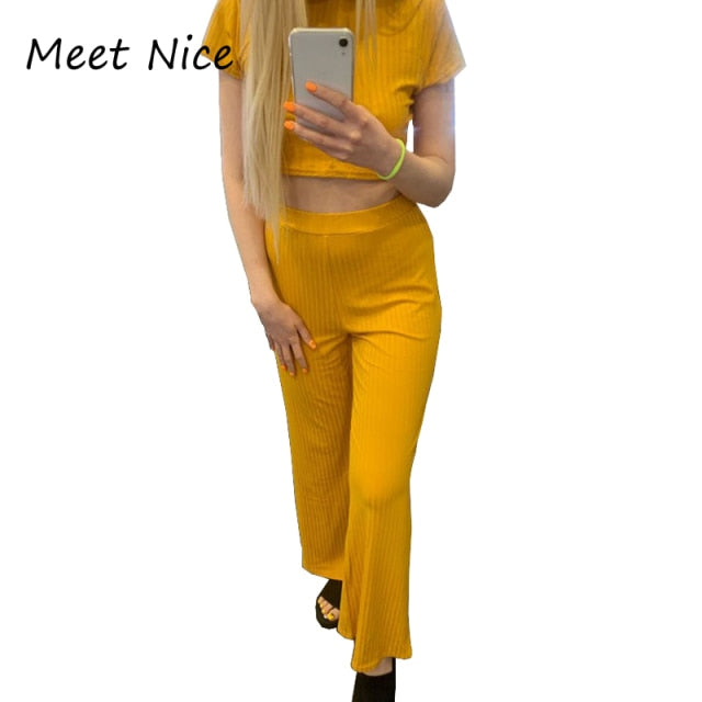 2 Two Piece Set Women Ribbed O Neck Crop Top and Long Pants Set Sexy Autumn Short Sleeve Tracksuit Women Conjunto Feminino 2021