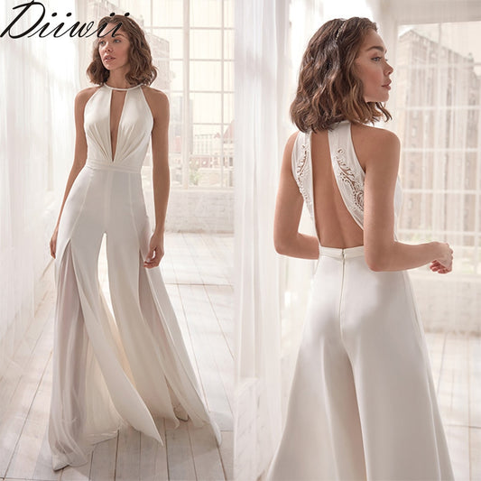 Diiwii Women Jumpsuit Deep V Neck Sleeveless Halter Rompers Backless White Elegant Sexy Female Lady Girl With