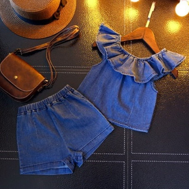 Summer Girls' Clothing Sets Korean Denim Short-sleeved T-shirt+High Waist Skirt 2PCS Baby Kids Clothes Suit Children Clothing
