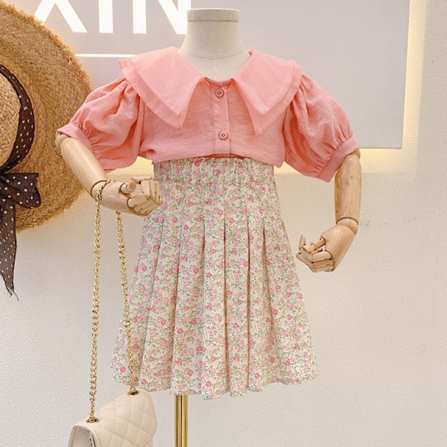 Summer Girls' Clothing Sets Korean Denim Short-sleeved T-shirt+High Waist Skirt 2PCS Baby Kids Clothes Suit Children Clothing
