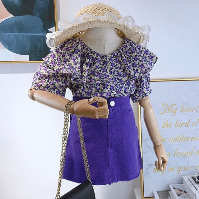Summer Girls' Clothing Sets Korean Denim Short-sleeved T-shirt+High Waist Skirt 2PCS Baby Kids Clothes Suit Children Clothing