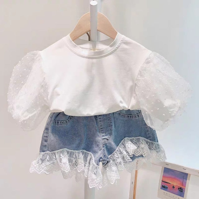Summer Girls' Clothing Sets Korean Denim Short-sleeved T-shirt+High Waist Skirt 2PCS Baby Kids Clothes Suit Children Clothing