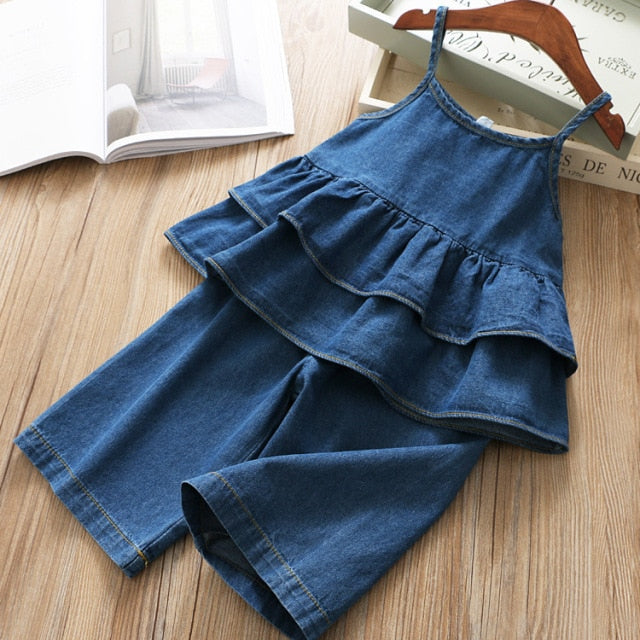 Summer Girls' Clothing Sets Korean Denim Short-sleeved T-shirt+High Waist Skirt 2PCS Baby Kids Clothes Suit Children Clothing