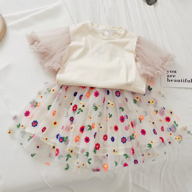 Summer Girls' Clothing Sets Korean Denim Short-sleeved T-shirt+High Waist Skirt 2PCS Baby Kids Clothes Suit Children Clothing