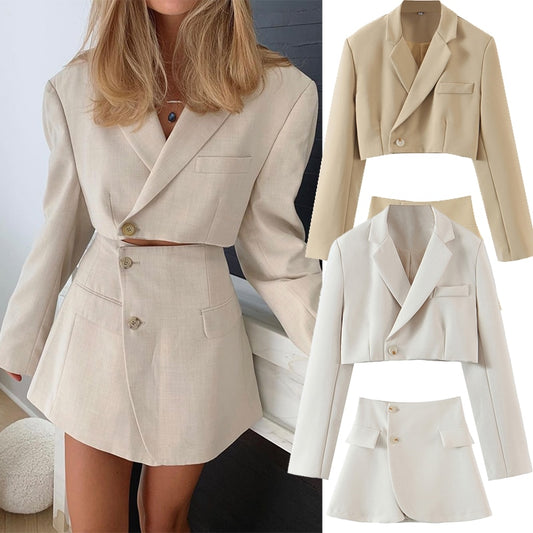 2021 Autumn Women 2pcs top skirt suit Short Solid color jacket Short skirt suits Lapel single breasted Long sleeve short jacket