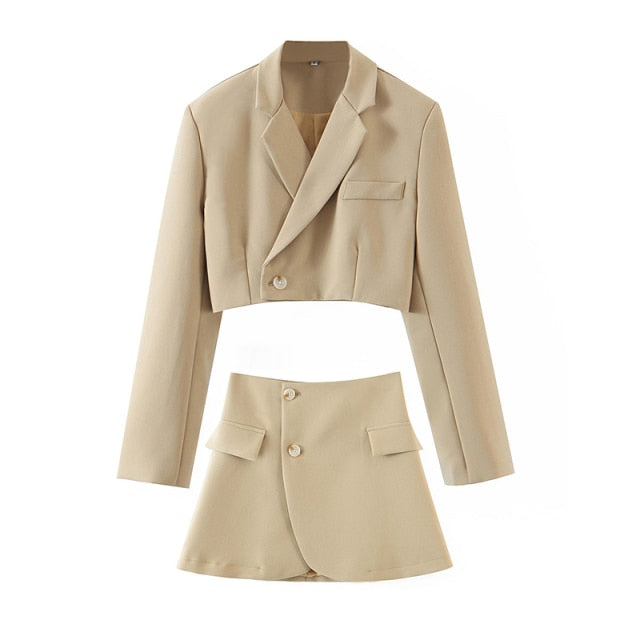 2021 Autumn Women 2pcs top skirt suit Short Solid color jacket Short skirt suits Lapel single breasted Long sleeve short jacket