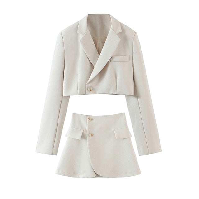 2021 Autumn Women 2pcs top skirt suit Short Solid color jacket Short skirt suits Lapel single breasted Long sleeve short jacket