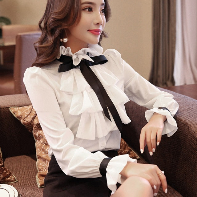 New Women blouse tops White Ruffles Bow Long Sleeve Chiffon Blouse 2021 New Work Wear Office Blusas Femininas ladies shirt 570A