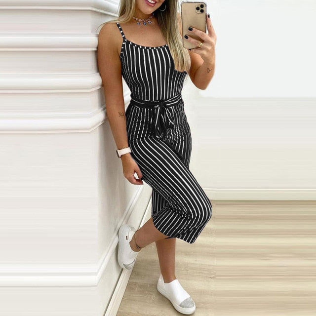 Casual Women Daily Wear Outfits Pink Striped Sleeveless Lace-Up Sexy Spaghetti Strap Jumpsuit Summer Elegant Skinny Long Pants