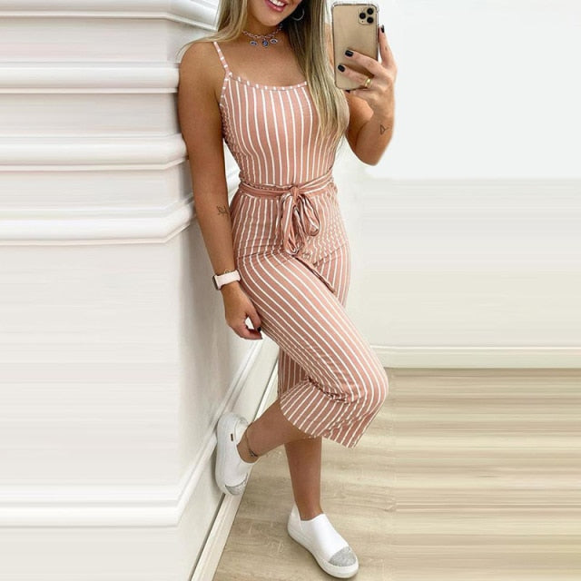 Casual Women Daily Wear Outfits Pink Striped Sleeveless Lace-Up Sexy Spaghetti Strap Jumpsuit Summer Elegant Skinny Long Pants