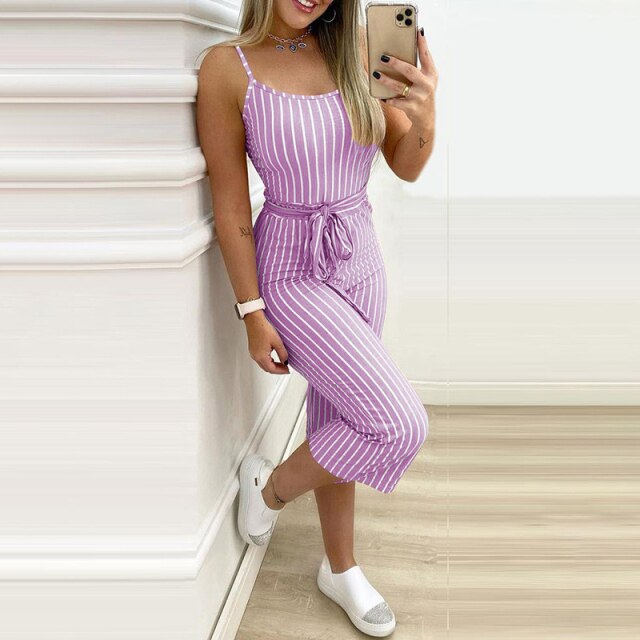 Casual Women Daily Wear Outfits Pink Striped Sleeveless Lace-Up Sexy Spaghetti Strap Jumpsuit Summer Elegant Skinny Long Pants