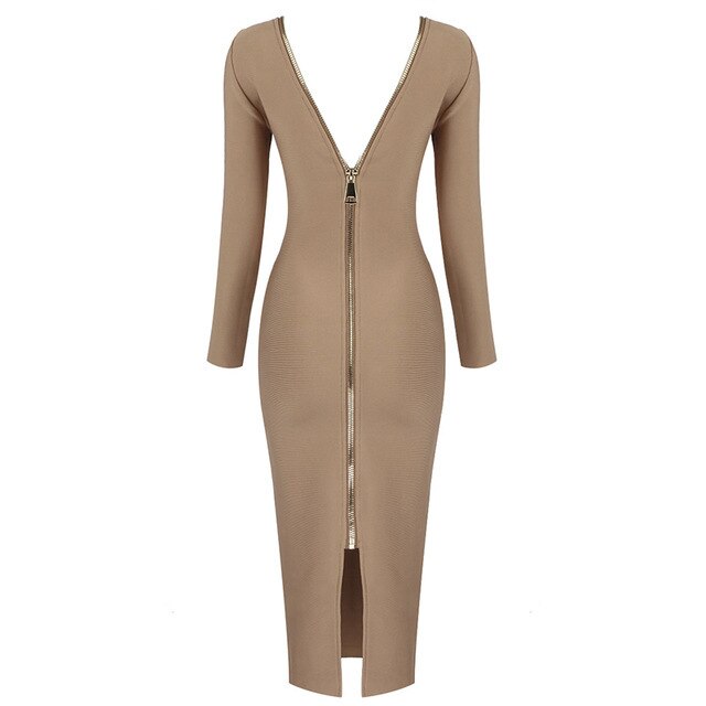 Summer 2021 New Women's Fashion Sexy Two Ways To Wear Zipper Design Long Sleeve Bandage Dress Bodycon Celebrity Party Club Dress