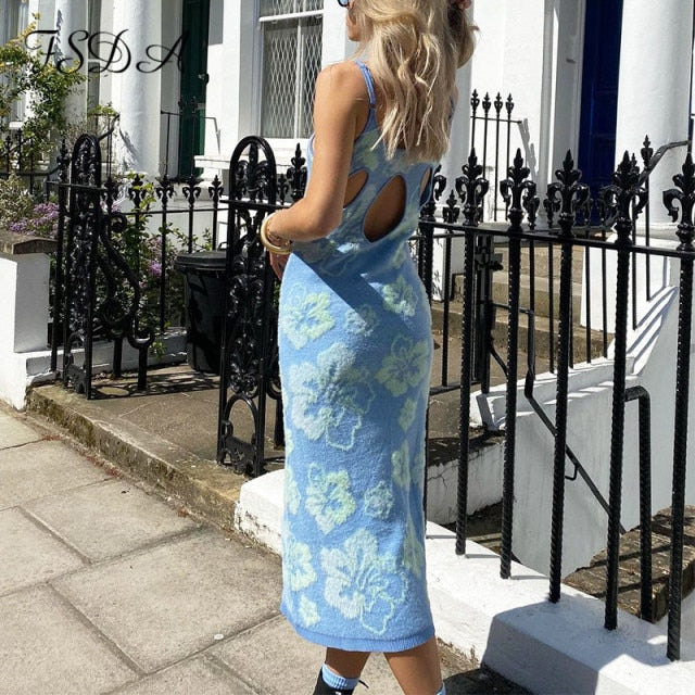 FSDA 2021 Print Knit Bodycon Dress Women Green Y2K Summer Hollow Out Sexy Sleeveless Spaghetti Strap Beach Midi Dresses Party