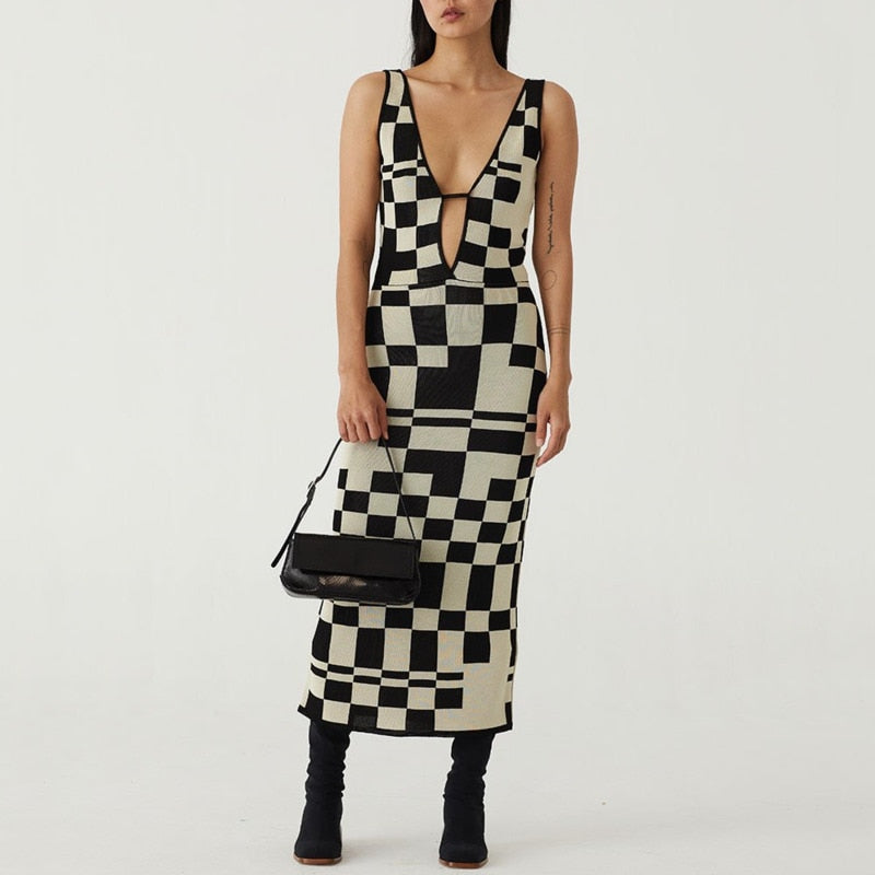 Women's Knitted Dress Sexy Bodycon Party Dresses Backless Plaid Print Spaghetti Strap Hollow Out Vestidos Summer Women Dresses