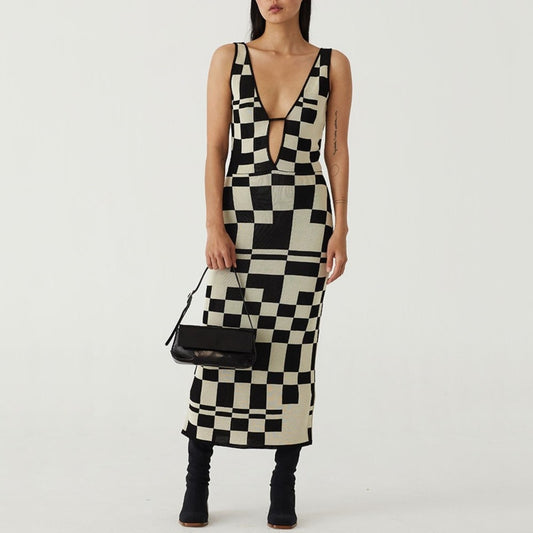Women's Knitted Dress Sexy Bodycon Party Dresses Backless Plaid Print Spaghetti Strap Hollow Out Vestidos Summer Women Dresses