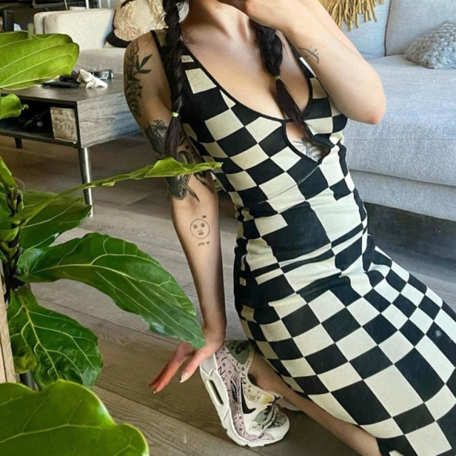 Women's Knitted Dress Sexy Bodycon Party Dresses Backless Plaid Print Spaghetti Strap Hollow Out Vestidos Summer Women Dresses