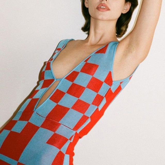 Women's Knitted Dress Sexy Bodycon Party Dresses Backless Plaid Print Spaghetti Strap Hollow Out Vestidos Summer Women Dresses