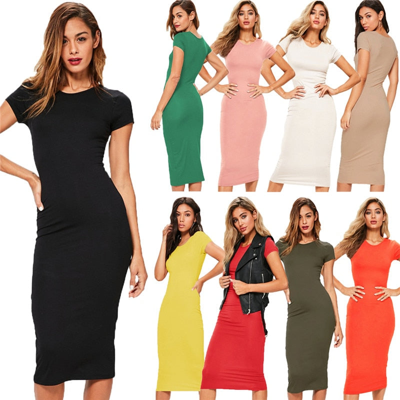 Knitted Cotton Long Spring Dress Fashion O-Neck Short Sleeve Office Lady Summer Dress Plus Size Casual Pencil Vestido Party Robe