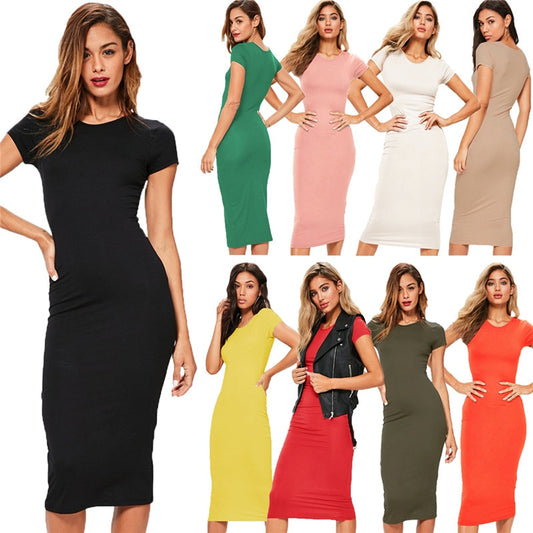 Knitted Cotton Long Spring Dress Fashion O-Neck Short Sleeve Office Lady Summer Dress Plus Size Casual Pencil Vestido Party Robe