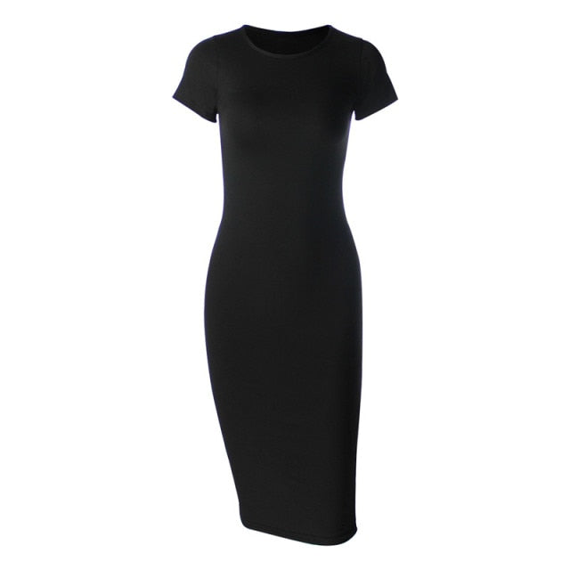 Knitted Cotton Long Spring Dress Fashion O-Neck Short Sleeve Office Lady Summer Dress Plus Size Casual Pencil Vestido Party Robe