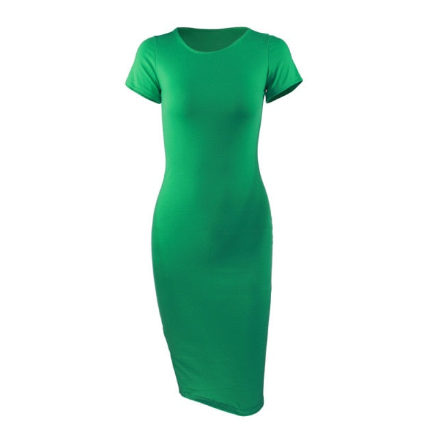 Knitted Cotton Long Spring Dress Fashion O-Neck Short Sleeve Office Lady Summer Dress Plus Size Casual Pencil Vestido Party Robe