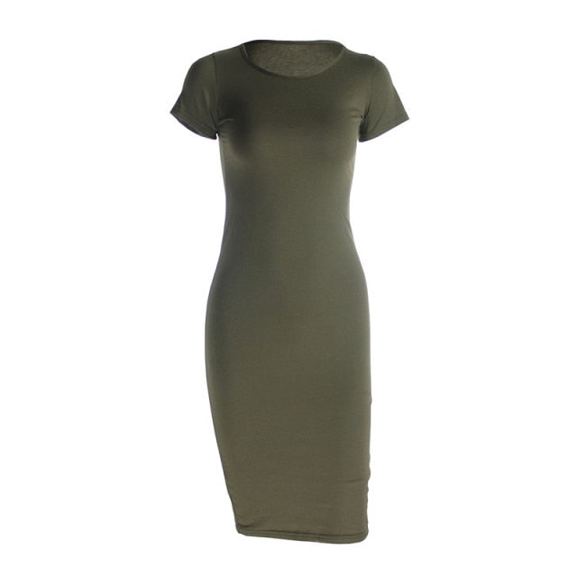 Knitted Cotton Long Spring Dress Fashion O-Neck Short Sleeve Office Lady Summer Dress Plus Size Casual Pencil Vestido Party Robe