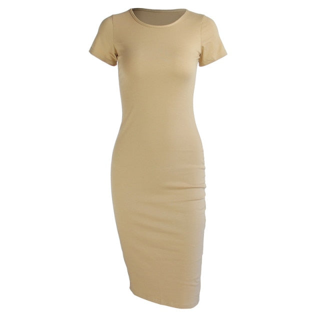 Knitted Cotton Long Spring Dress Fashion O-Neck Short Sleeve Office Lady Summer Dress Plus Size Casual Pencil Vestido Party Robe