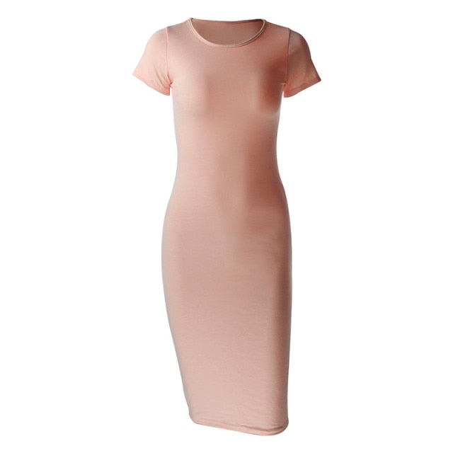 Knitted Cotton Long Spring Dress Fashion O-Neck Short Sleeve Office Lady Summer Dress Plus Size Casual Pencil Vestido Party Robe