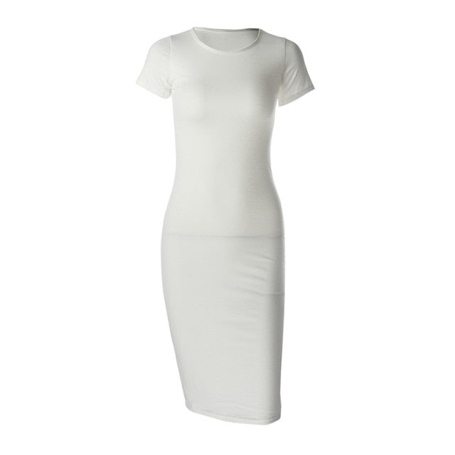 Knitted Cotton Long Spring Dress Fashion O-Neck Short Sleeve Office Lady Summer Dress Plus Size Casual Pencil Vestido Party Robe