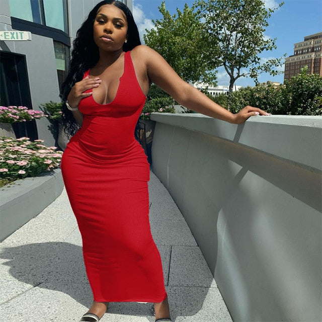 Dulzura Ribbed Knitted Stripe Women Sleeveless Midi Dress V Neck Bodycon Sexy Streetwear Party Club Elegant 2021 Spring Summer