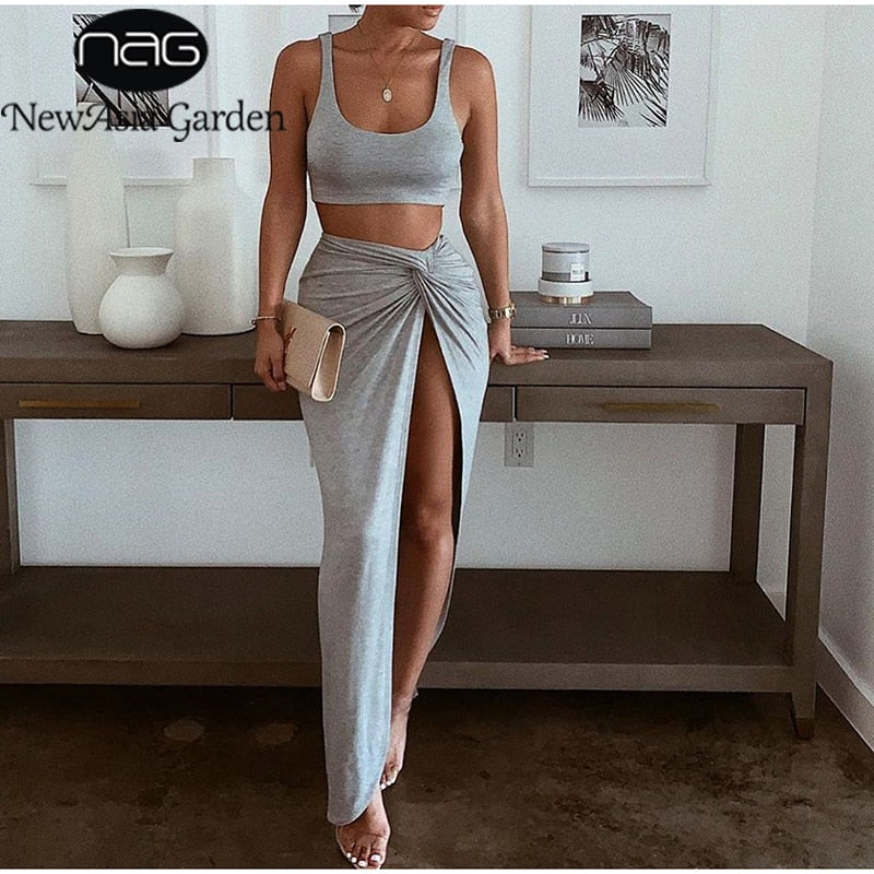 NewAsia Sexy Party 2 Piece Set Women Plus Size Crop Top Twist Side Split Long Skirts Matching Sets Club Two Piece Outfits 2021
