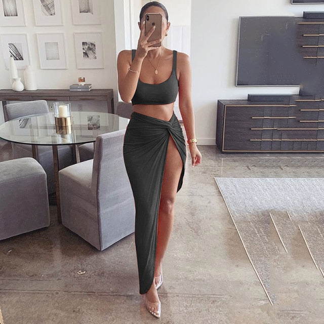 NewAsia Sexy Party 2 Piece Set Women Plus Size Crop Top Twist Side Split Long Skirts Matching Sets Club Two Piece Outfits 2021